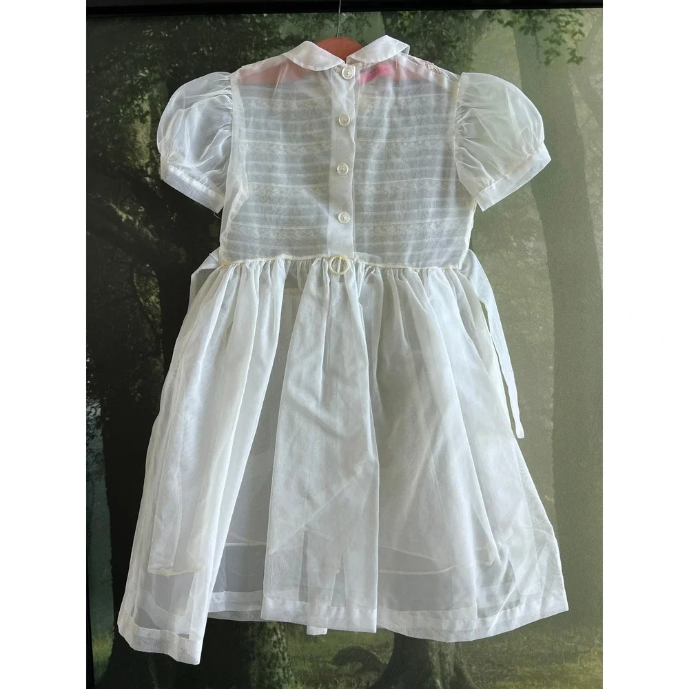 Vintage 1950s Organza Lace Girls Party Dress Sheer Puff Sleeve Peter Pan Collar - Picture 3 of 6